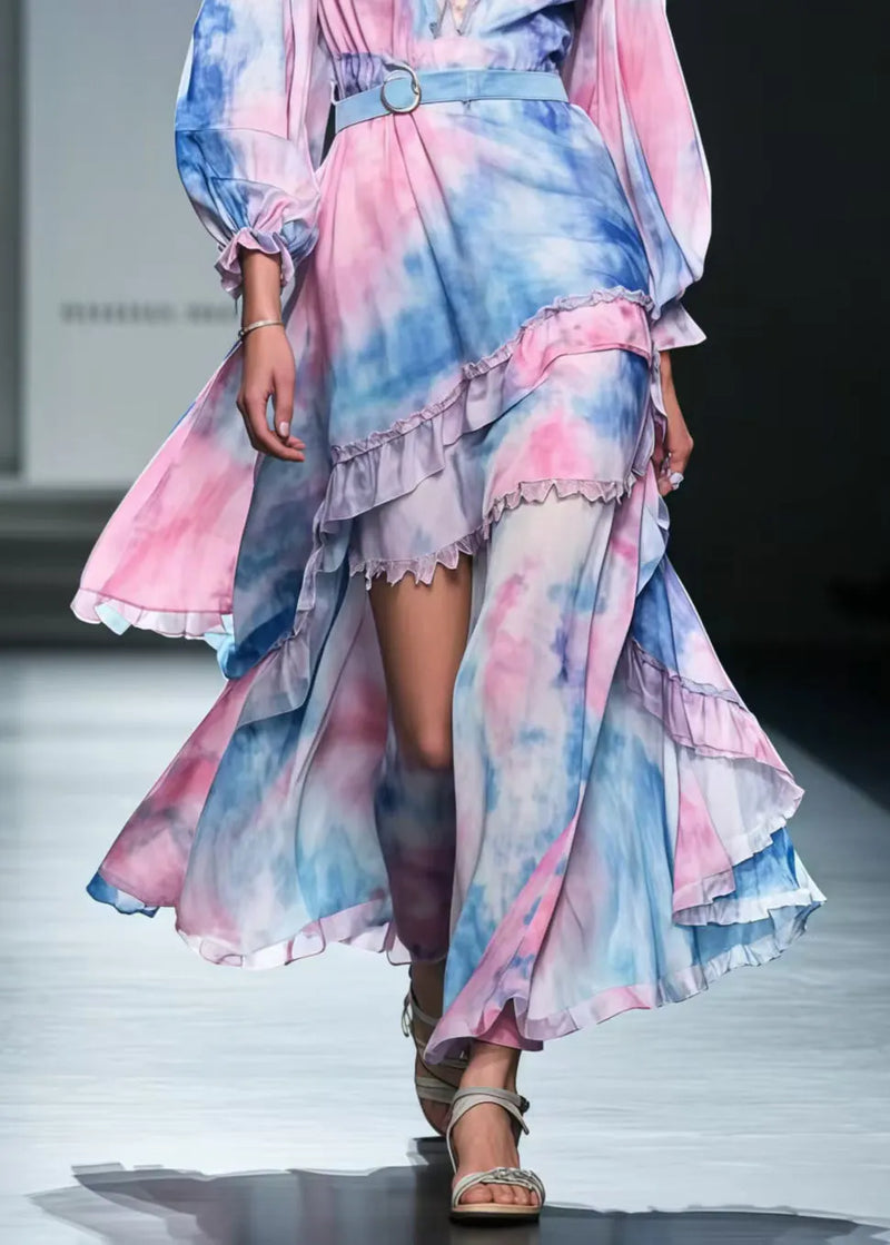 Rainbow Asymmetrical Tie Dye Chiffon Tunic Dress Spring