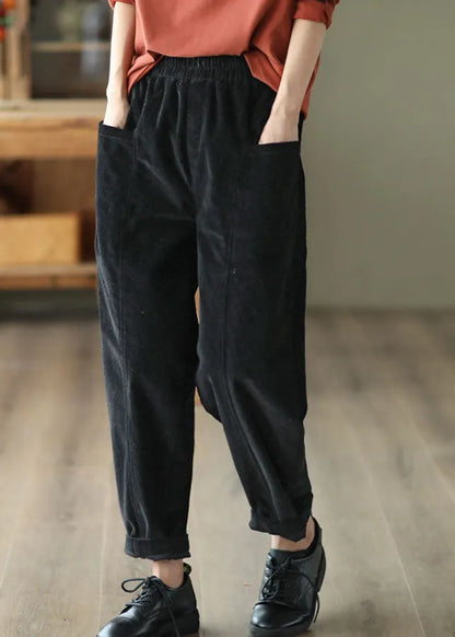 Black Elastic Waist Patchwork Pockets Corduroy Pants Spring