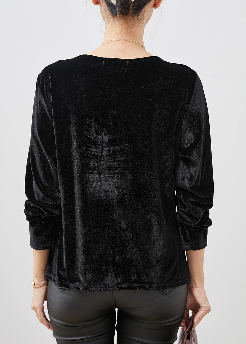 Black V Neck Wrinkled Silk Velour Blouse Tops Spring