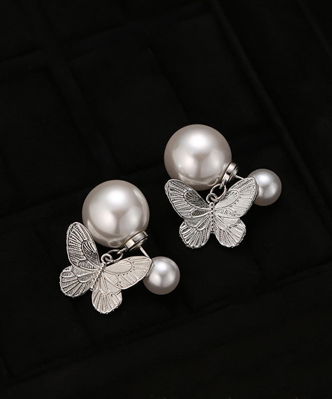 Diy Silk Copper Overgild Pearl Butterfly Stud Earrings