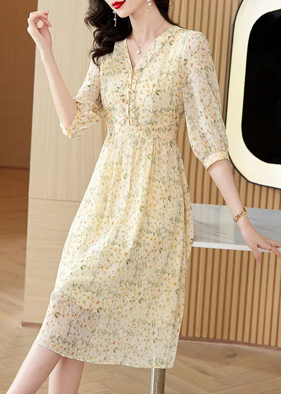 Light Yellow V Neck Print Chiffon Dresses Summer