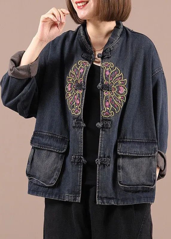 Black Button Embroideried Pockets Spring Denim Jackets