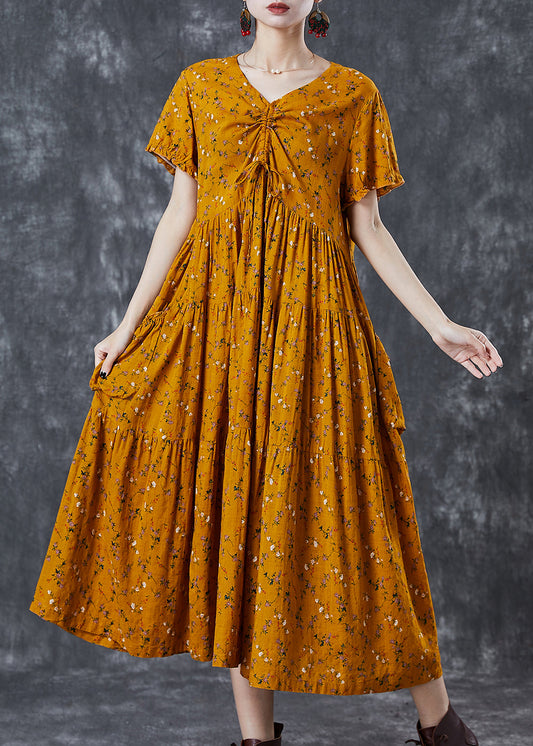 Yellow Cinched Print Cotton Dress Summer