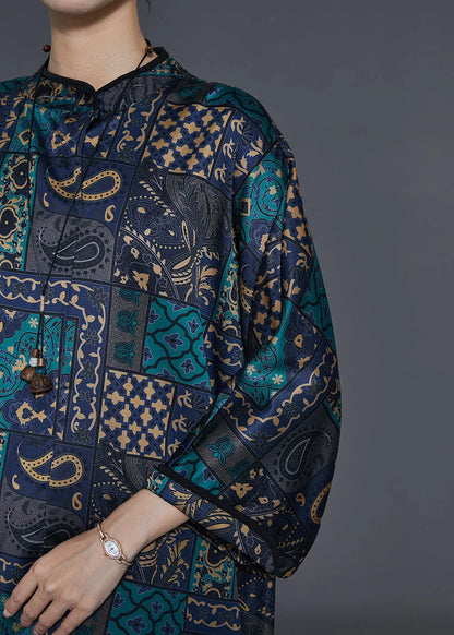 Black Stand Collar Print Silk Work Dress Fall