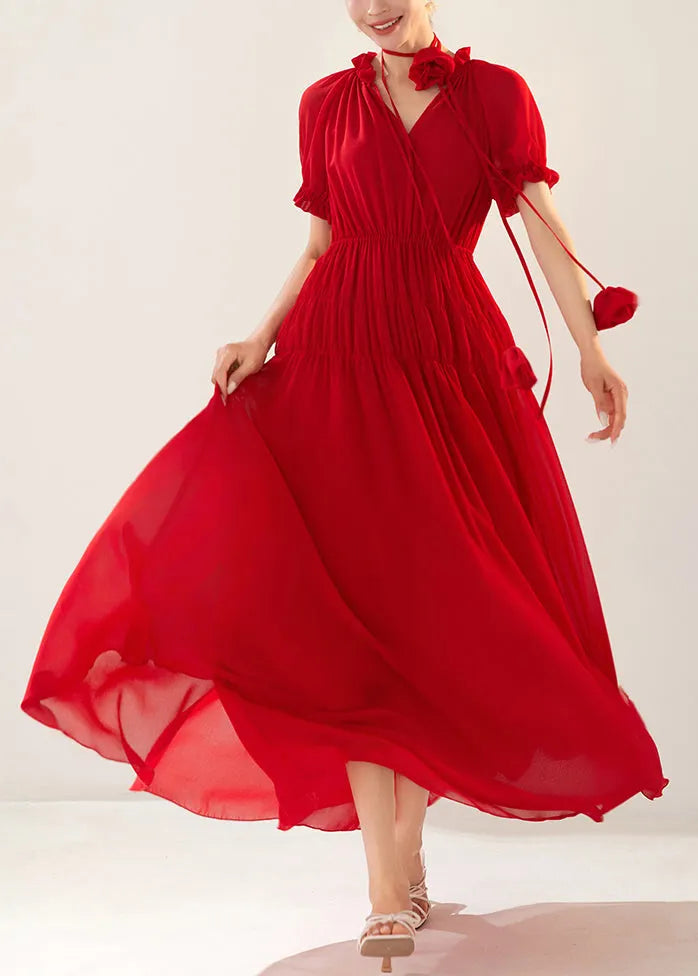 Red Ruffled Elastic Waist Chiffon Long Dresses Summer