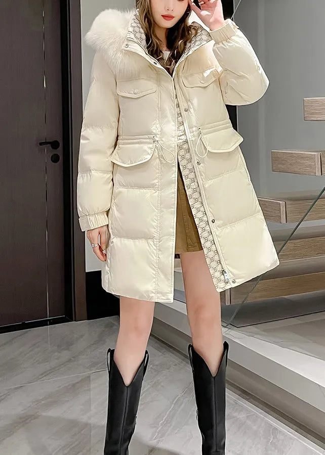 Khaki Fur Collar Hooded Drawstring Duck Down Coats Winter