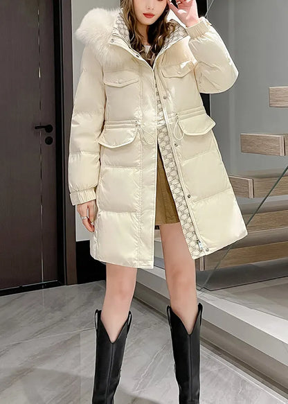 Khaki Fur Collar Hooded Drawstring Duck Down Coats Winter