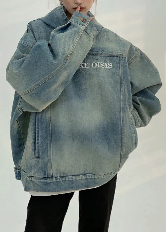 Denim Blue Patchwork Embroidered Hooded Coat Fall