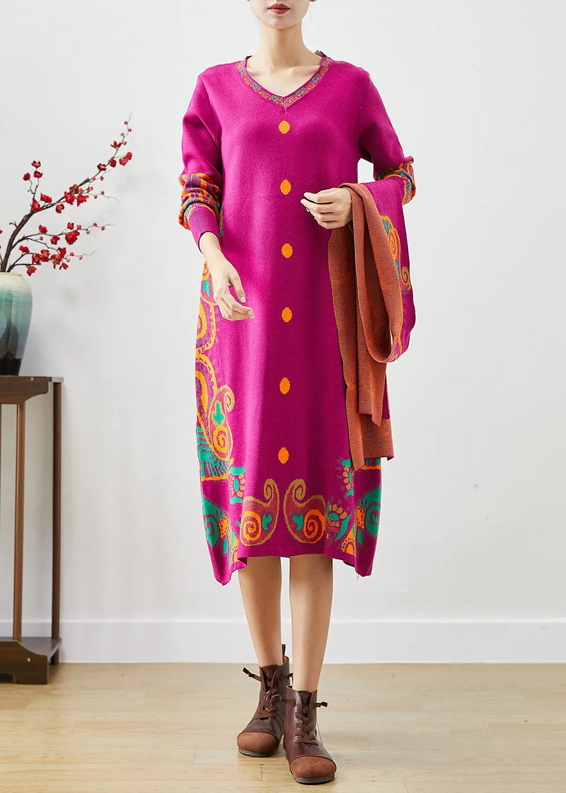 Rose Print Complimentary Scarf Knit Dress Fall