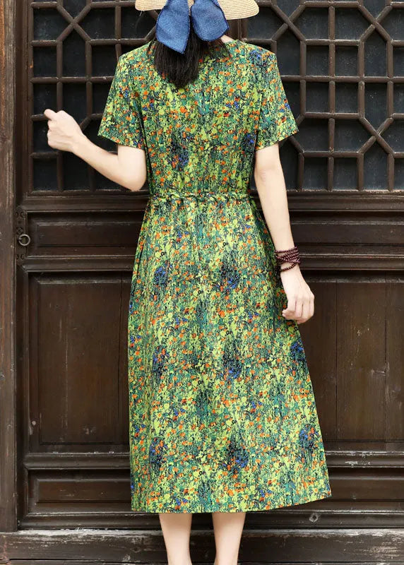 Green Square Collar Tie Waist Patchwork Fake Two Piece Dresses Short Sleeve