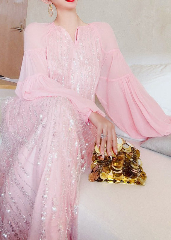 Pink V Neck Patchwork Sequins Silk Long Dress Lantern Sleeve