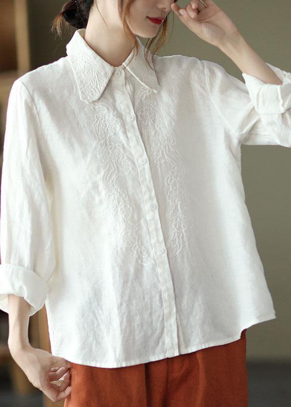 Organic White Loose Embroideried Fall Linen Long Sleeve Blouse Tops