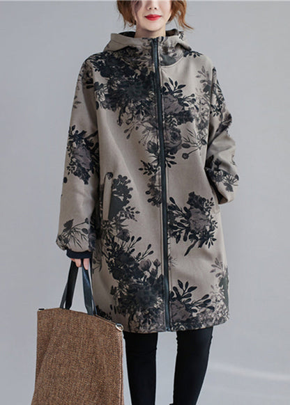 Charcoal Grey Hooded Print Pockets Patchwork Thick Coats Fall