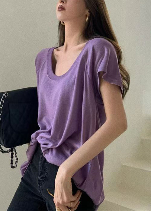 Loose Purple U Neck Cotton T Shirts Summer