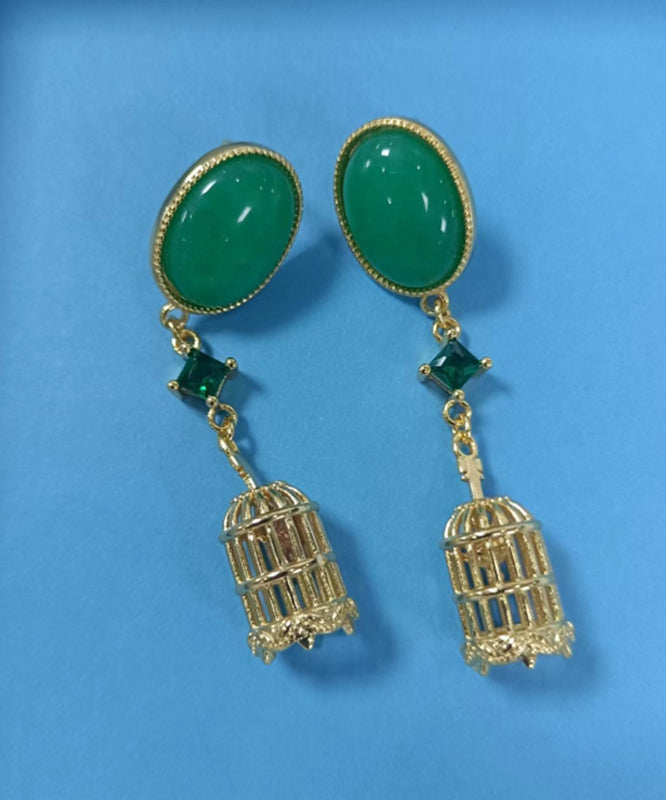 Green Sterling Silver Overgild Hollow Out Birdcage Drop Earrings