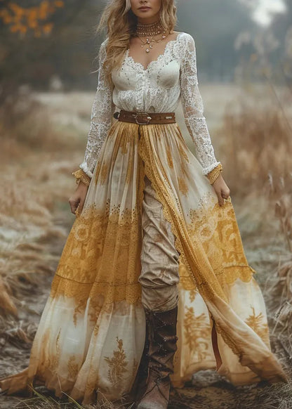 V Neck Patchwork Pastoral Style Lace Long Dresses