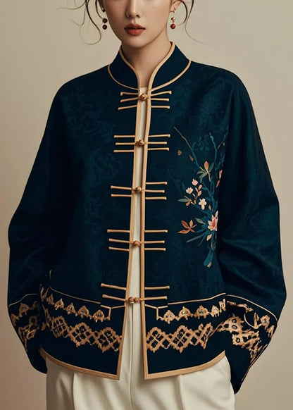 Navy Chinese Button Printsilk Coats Fall
