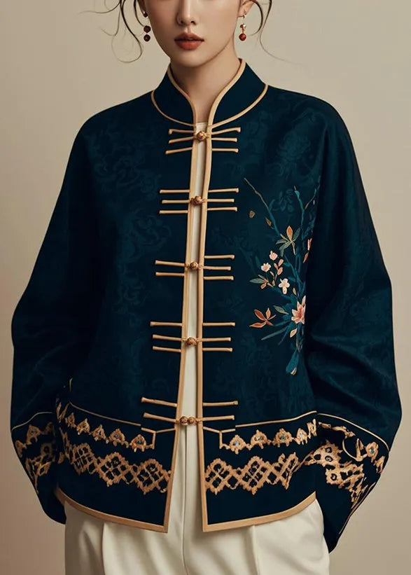 Navy Chinese Button Printsilk Coats Fall