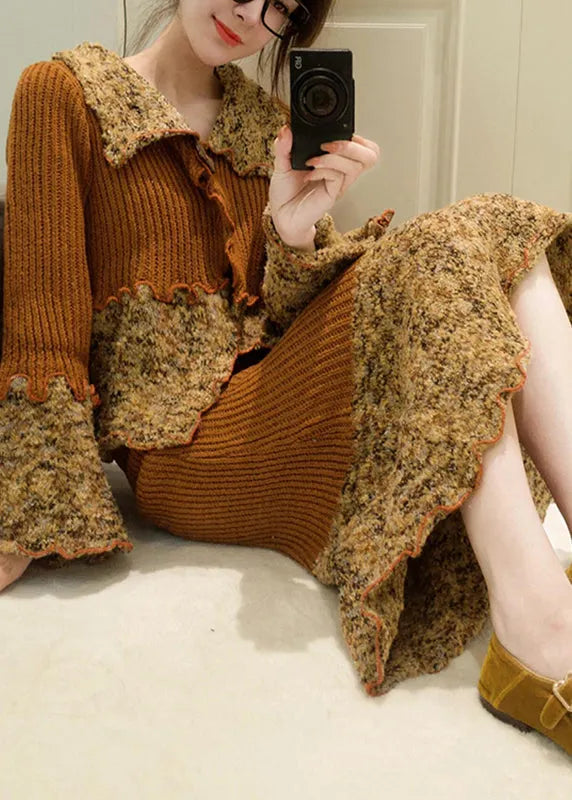 Unique Coffee Peter Pan Collar Ruffled Patchwork Cotton Knit Top and Maxi Skirts Two Pieces Set Flare Sleeve