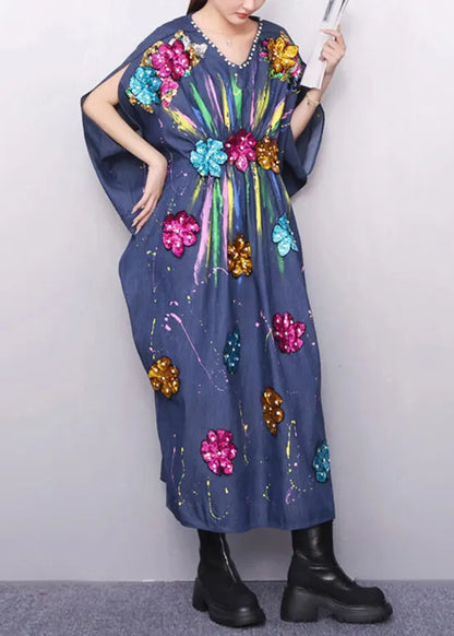 Vibrant Pattern Navy Denim Dress Zircon Accents