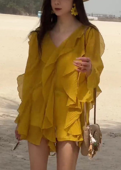 Stylish Yellow V Neck Ruffled Chiffon Shirts Flare Sleeve