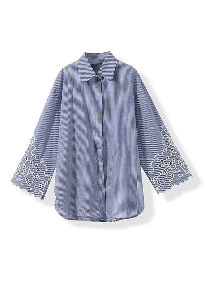 Fitted Blue Striped Hollow Out Embroidered Cotton Two Pieces Set Summer