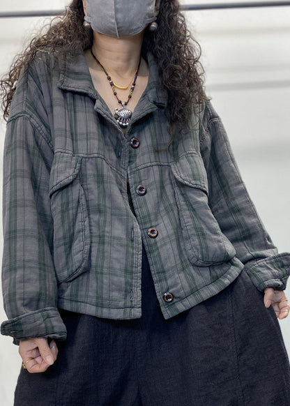 Green Plaid Button Patchwork Cotton Filled Coat Long Sleeve Fall