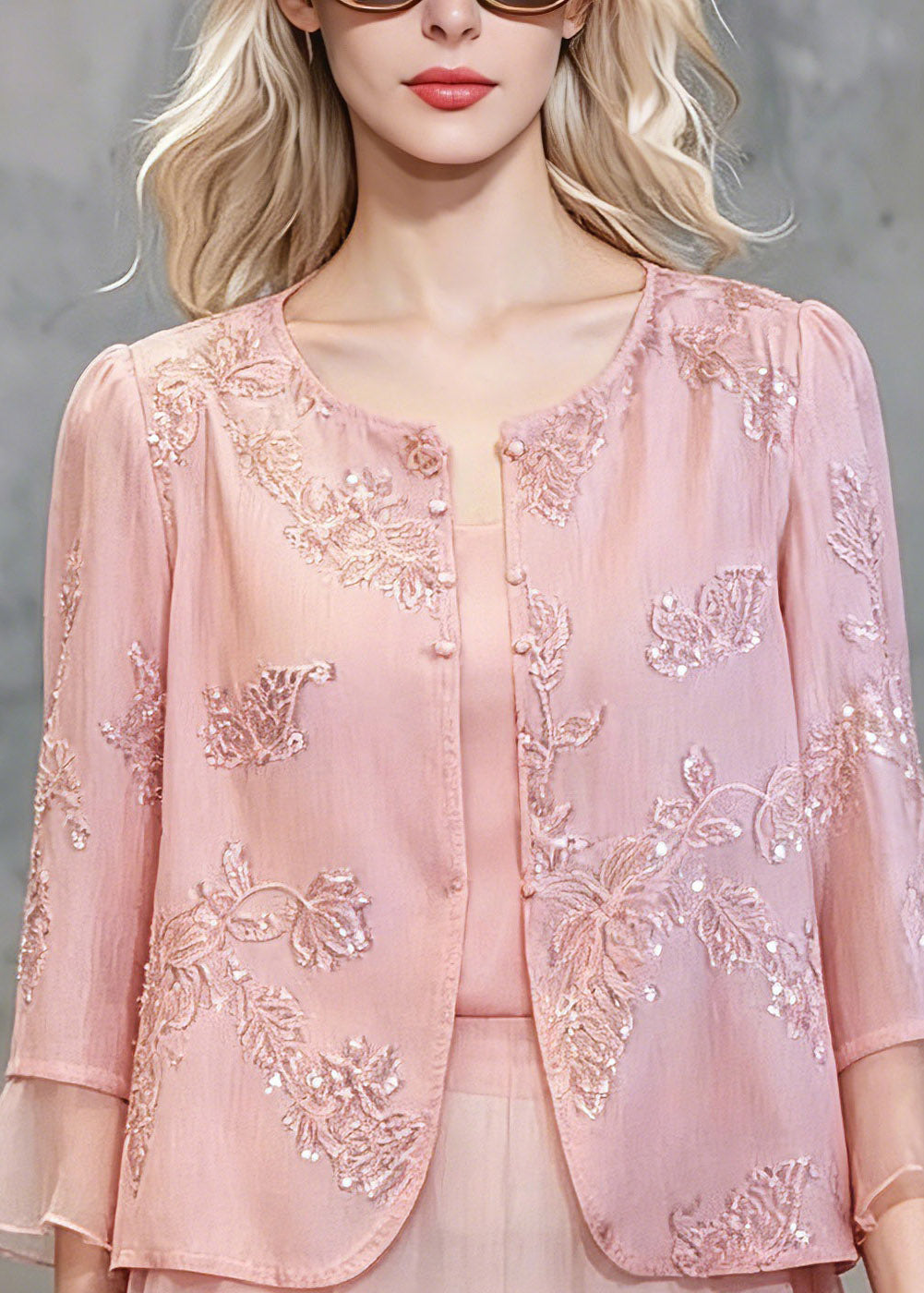 Pink Patchwork Button Fake Two-piece Chiffon Shirt Three Quarter Sleeve
