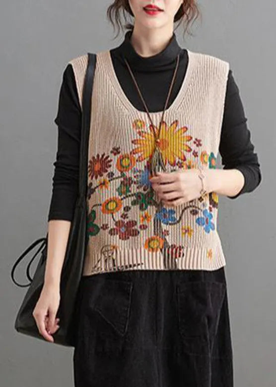 Apricot V Neck Print Low High Design Knit Waistcoat Fall
