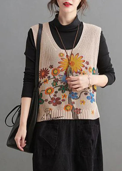 Apricot V Neck Print Low High Design Knit Waistcoat Fall