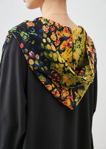 Black Hooded Patchwork Cotton Dress Spring