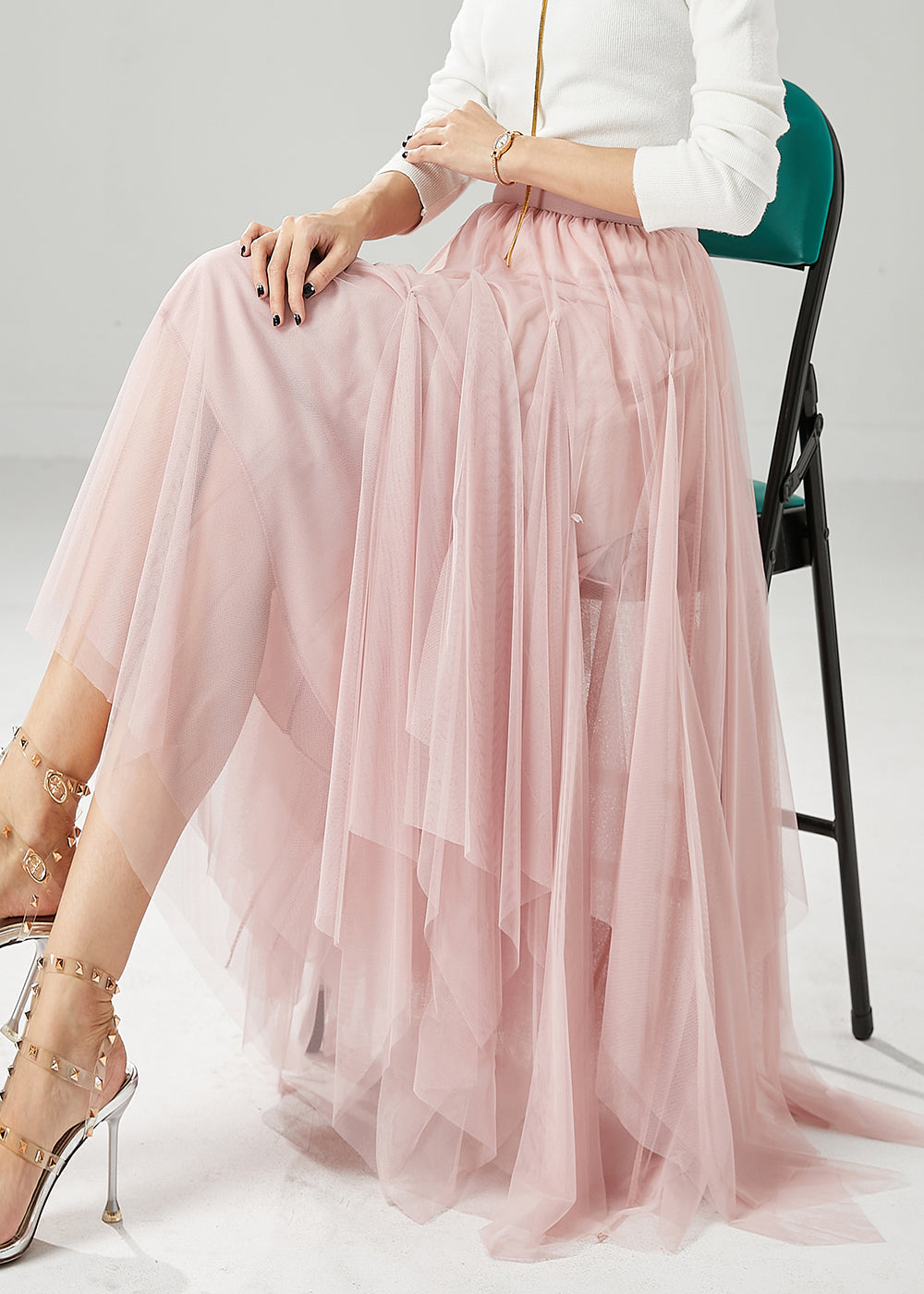 Pink Elastic Waist Exra Large Hem Tulle Skirts Fall