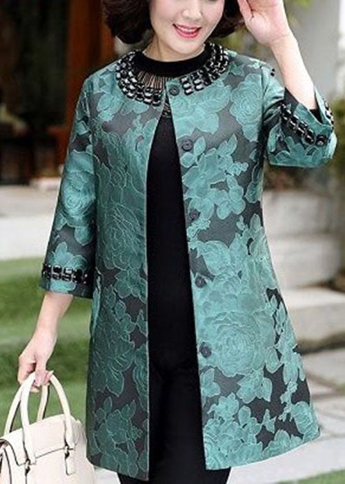 Green O-neck Jacquard Spandex Long Coats Bracelet Sleeve