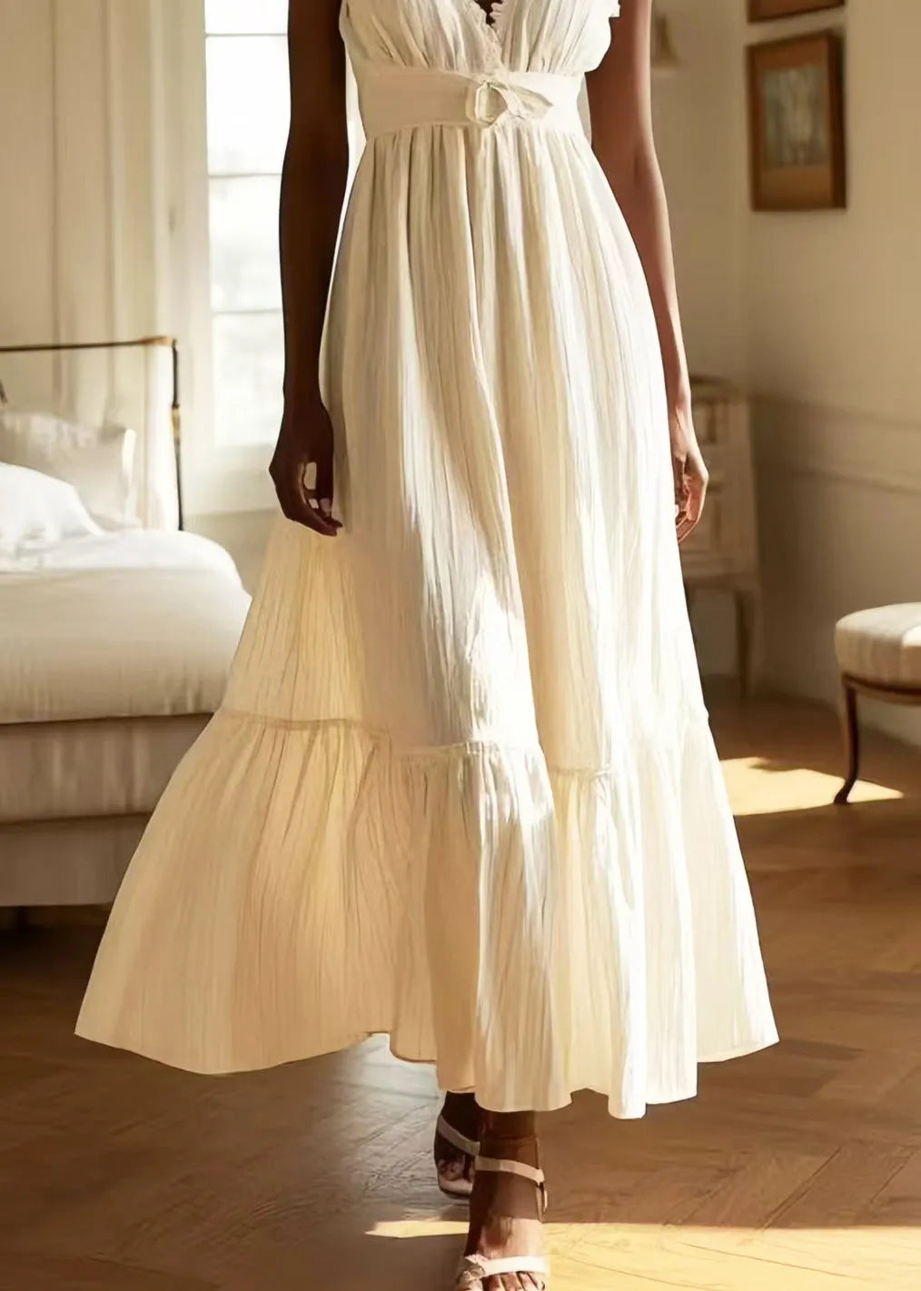 White V Neck Exra Large Hem Cotton Long Dress Sleeveless