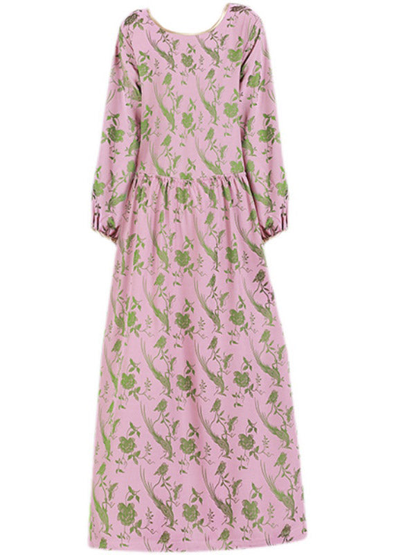Pink O-neck Cinched Silk Dress Long Sleeve