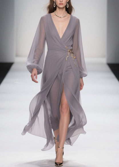 Grey Lace Up Front Open Chiffon Long Dress Spring