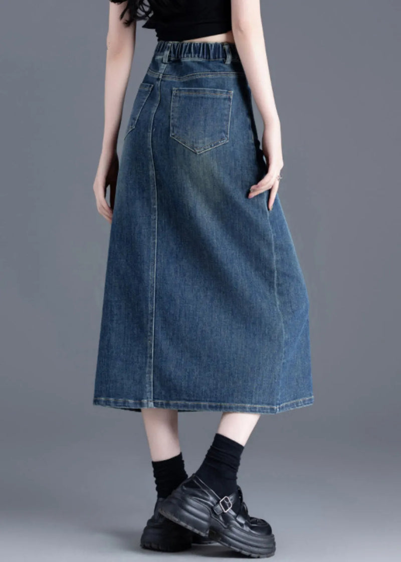 Italian Blue Side Open Silm Fit Denim a Line Skirt Spring