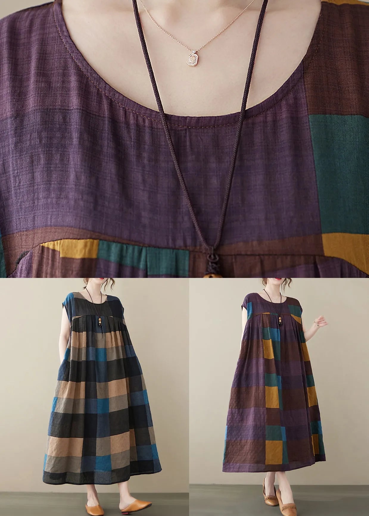 Loose Black Plaid O Neck Pockets Cotton Long Dresses Sleeveless