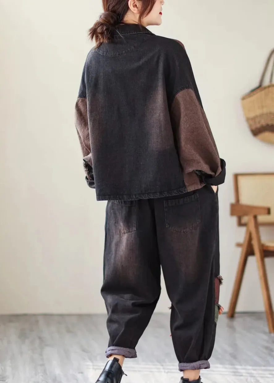 Black Print Patchwork Coats and Pants Denim Two Piece Suit Set Fall