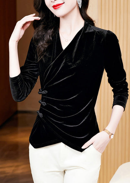Black Wrinkled Button Silk Velour Tops Long Sleeve