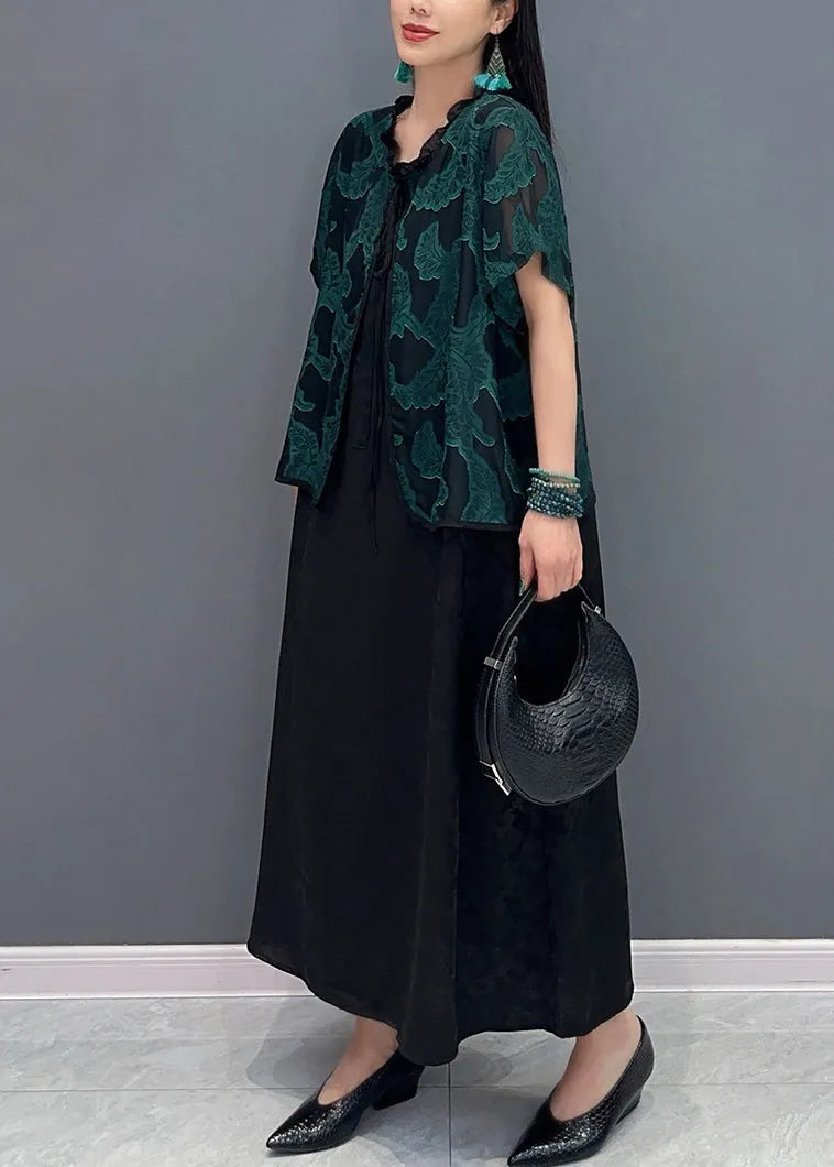 Handmade Green O-neck Print Fake Two Pieces Long Dress Summer