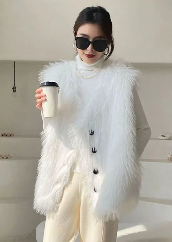 White Button Fuzzy Fur Tops Sleeveless Waistcoat