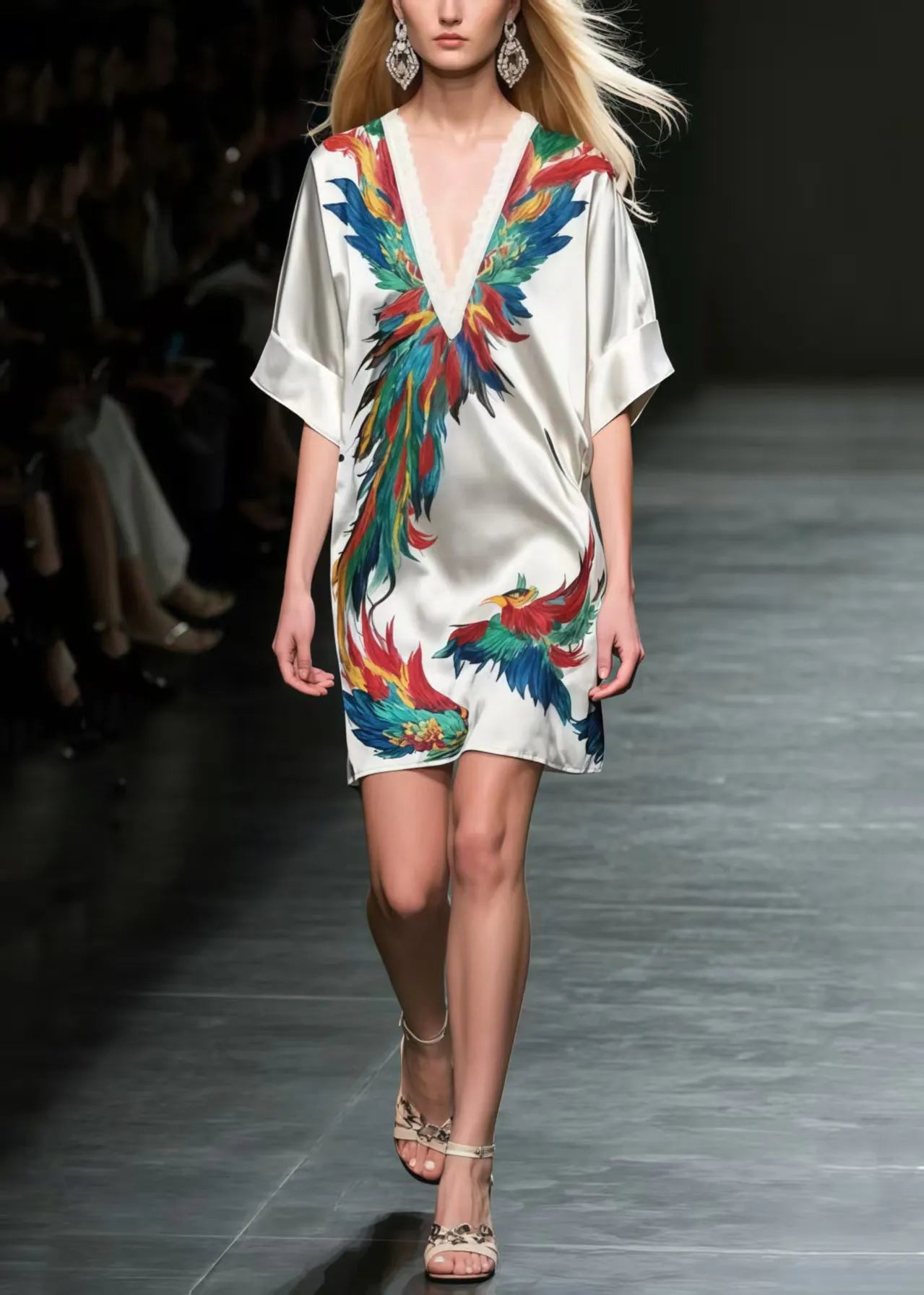 Phoenix Print Silk Mid Dress Summer