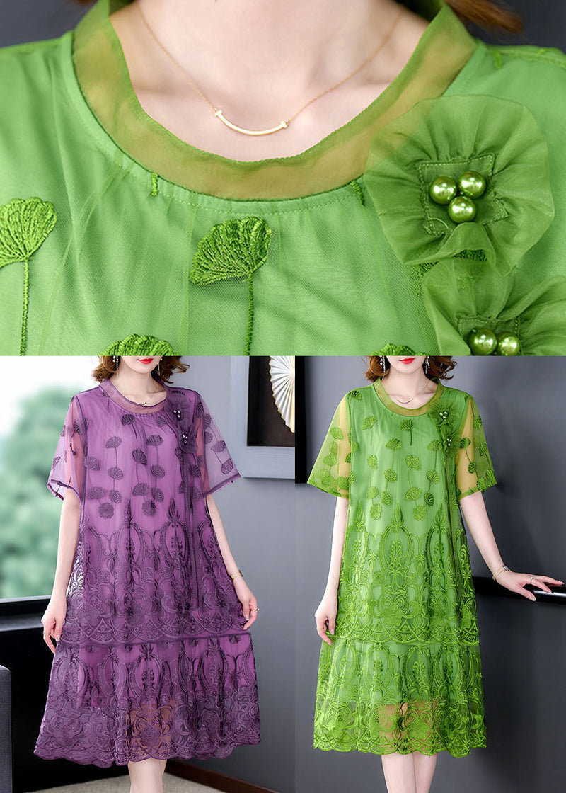 Green Embroideried Patchwork Tulle Dresses Short Sleeve