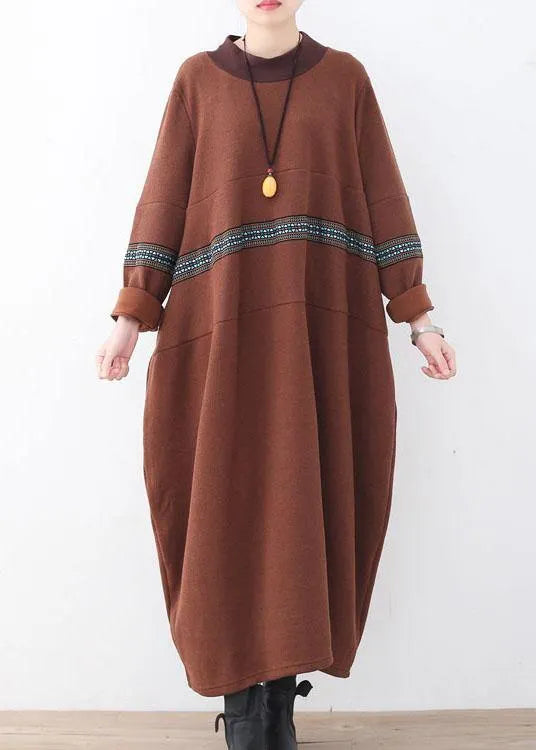 Classy Chocolate O-neck Long Sleeve Loose Fall Cotton Dress