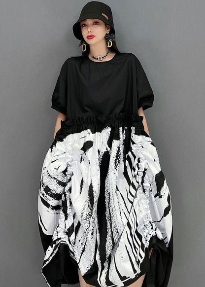 Italian Black O-neck Patchwork Print Wrinkled Cotton Long Dress Short Sleeve