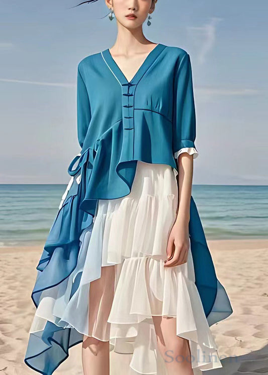 Blue Asymmetrical Patchwork Chiffon Dress Half Sleeve