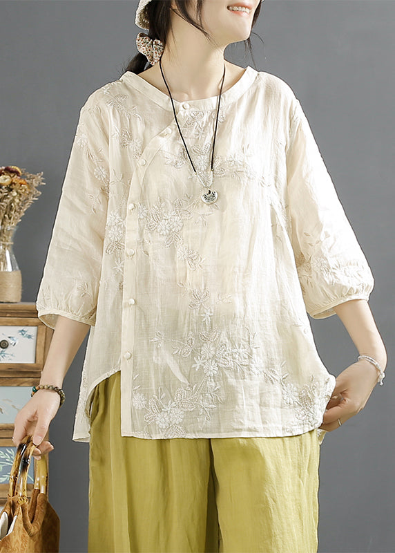 Beige Embroideried Button Linen Shirt Top Fall