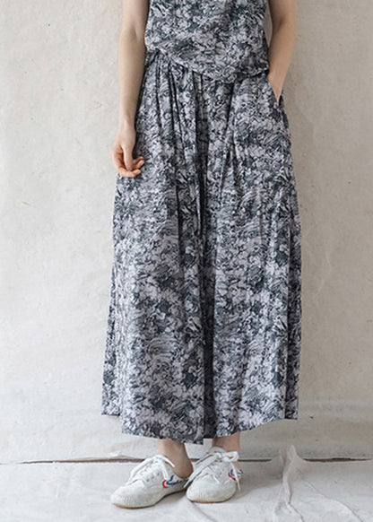 Grey Elastic Waist Drawstring Print Cotton Skirts Spring