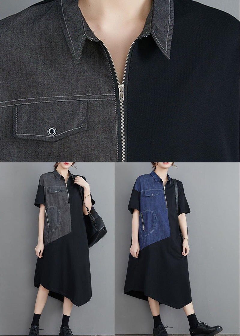 Blue Patchwork Zippered Maxi Summer Cotton Dress
